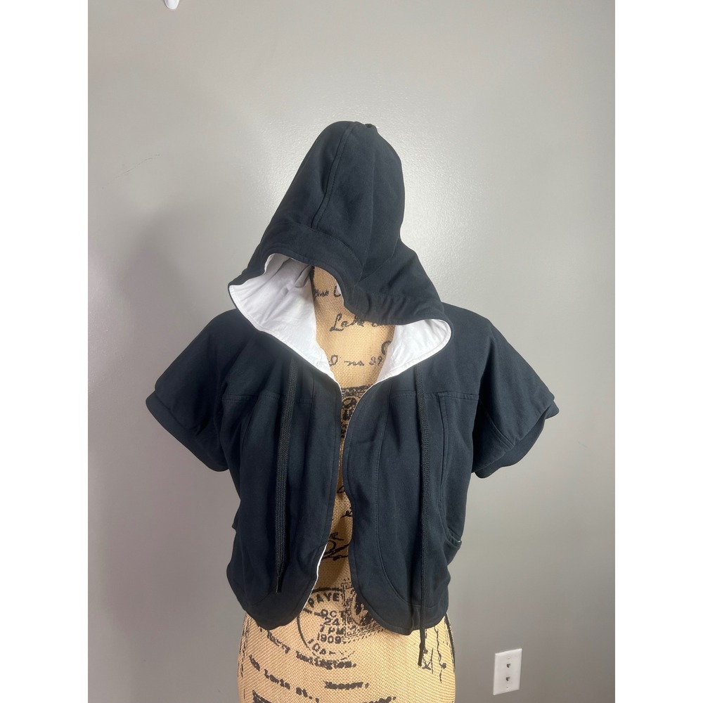 Adrienne Vittadini Reversible Short Sleeve Hoodie Black White Peace Sign Large